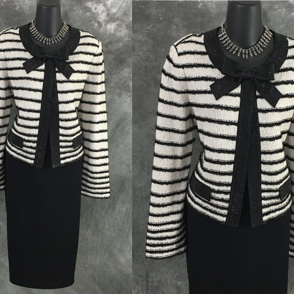 BEAUTIFUL st john evening knit black white multi embellished skirt suit size 10